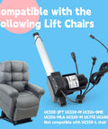 Side view of lift chair actuator motor with white piston and black drive unit, cables, gray recliner chair.