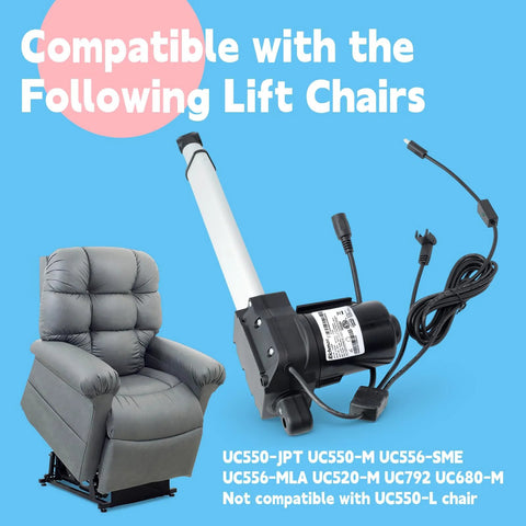 Side view of lift chair actuator motor with white piston and black drive unit, cables, gray recliner chair.