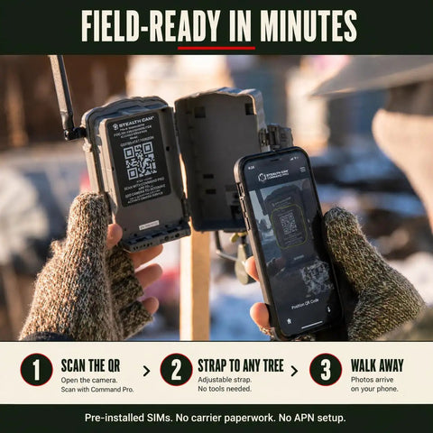 Cellular Trail Camera Bundle With Tree Mount Offering 36Mp Photos And 720P Video, user scanning QR code for setup.