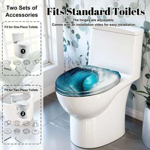 Generic Elongated Resin Toilet Seat for Bathroom with wave design installed on white toilet, adjustable hinges for easy fit.