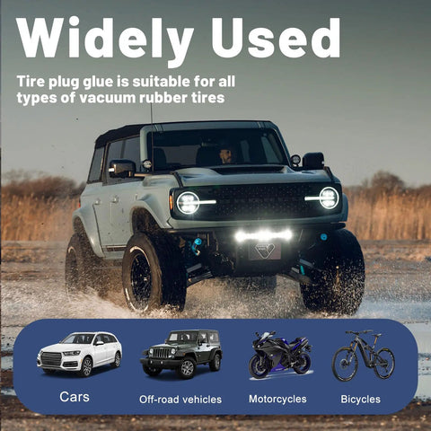 24 Pcs Tire Plug Repair Kit with Key Tools and 120ml Powerful Patch Glue for Instant Puncture Seals in use on a rugged off-road vehicle.