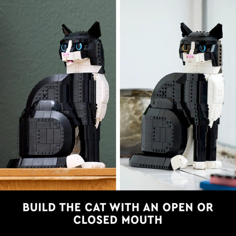 Dope Tuxedo Cat Building Set And Adult Craft Kit For Killer Home Decor Super Slick Display Figure showcasing open and closed mouth options.