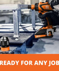 Tough As Nails 18 Volt Cordless 4 Speed Drill Driver With Brushless Motor And Fully Encapsulated Dustproof Housing in use on metal frame.