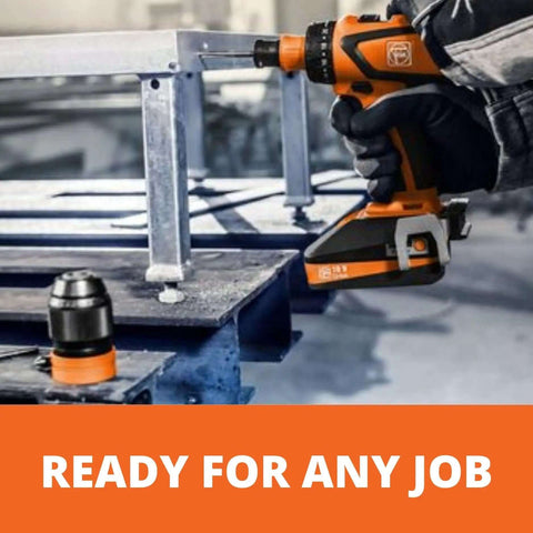Tough As Nails 18 Volt Cordless 4 Speed Drill Driver With Brushless Motor And Fully Encapsulated Dustproof Housing in use on metal frame.