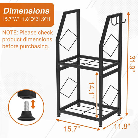 Two Tier Firewood Rack With 3 Hanging Hooks Heavy Duty Steel Wood Holder, dimensions labeled, 15.7 x 11.8 x 31.9 inches