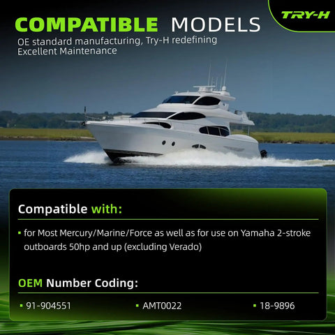 Outboard Lifting Ring Tool Hoist Eye For Boat Motors Compatible With Mercury Marine Force 50HP Yamaha 2-Stroke 50HP And Up Replacement Parts AMT0022 18-9896, shown with compatible models list and codes.