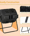 Dual Chamber Tumble Composter 43 Gallon Rotating Bin With 360 Degree Tumbler BPA Free outdoor compost system on a metal stand.