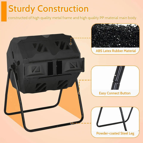 Dual Chamber Tumble Composter 43 Gallon Rotating Bin With 360 Degree Tumbler BPA Free outdoor compost system on a metal stand.