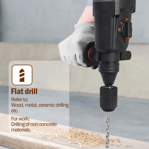 Heavy Duty 1 Inch Rotary Hammer Drill With SDS Plus 6.5 Amp Motor drilling wood with extra chuck in use