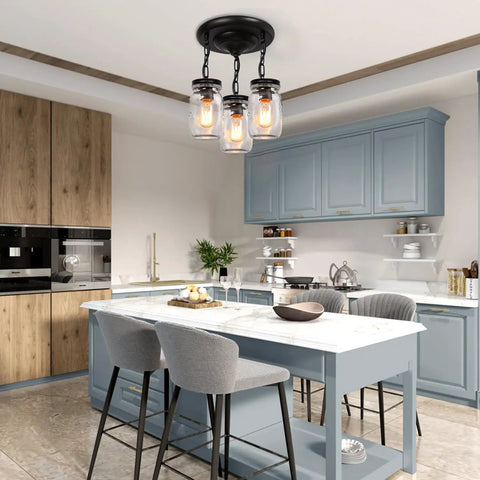 Dope 3-Light Glass Mason Jar Pendant Lights for kitchen island with farmhouse style and close-to-ceiling mount