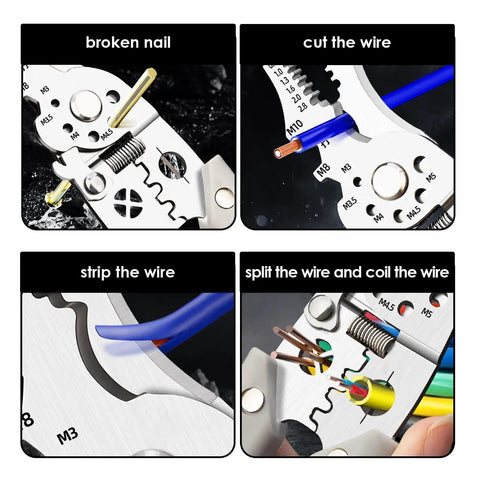 8 In 1 Wire Stripper Crimper Cutter Pliers For Electricians Pro Grade Heavy Duty Tool With Screw Size Guide in action