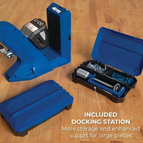 Top Shelf Pocket Hole Jig 720 Pro With Killer 20 Volt Cordless Drill Driver Combo Kit, features docking station and hardware storage.