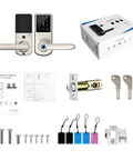 5 In 1 Dope Smart Fingerprint Door Lock For Front Door With App Control And Virtual Password Includes IC Card Fob Key And Code Bluetooth Lock For Home Office Or Garage In Satin Nickel with accessories and packaging
