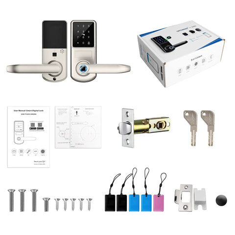 5 In 1 Dope Smart Fingerprint Door Lock For Front Door With App Control And Virtual Password Includes IC Card Fob Key And Code Bluetooth Lock For Home Office Or Garage In Satin Nickel with accessories and packaging