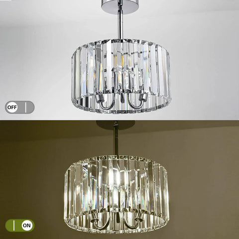 Industrial Chrome Crystal Drum Ceiling Light Three Light Fixture With Dope Modern Look Close To Ceiling Semi Flush Mount On Off View