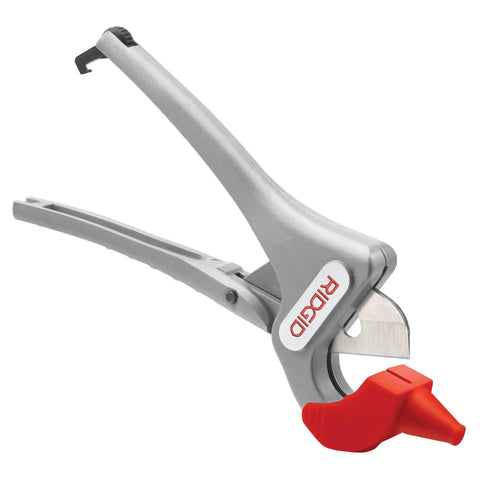 Single Stroke Plastic Pipe Cutter For One Eighth To One And Three Eighths Inch PVC CPVC PP PEX PE Scissor Style Cutter in silver close-up