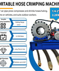 Knocks Out Transmission And Brake Repairs Like A Boss Using This Portable 12V Electric Hydraulic Hose Crimping Tool With Ten Heavy Duty Dies For One Quarter To Two Inch Auto Lines showing a crimping machine with hoses.
