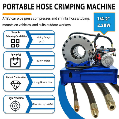 Knocks Out Transmission And Brake Repairs Like A Boss Using This Portable 12V Electric Hydraulic Hose Crimping Tool With Ten Heavy Duty Dies For One Quarter To Two Inch Auto Lines showing a crimping machine with hoses.