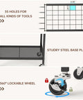 Diagram showing Heavy Duty Garden Tool Organizer With Lockable Wheels Workhorse Metal Garage Storage Rack 35 Tool Slots And Side Hooks