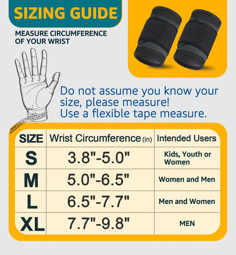Sizing guide for Wrist Brace And Support Wraps For Workouts And Daily Use, showing measurements for different wrist sizes.