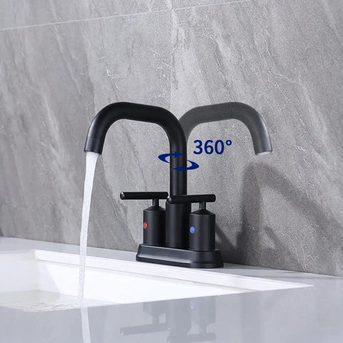 4 Inch Centerset Matte Black Bathroom Faucet With Two Handles High Arc Swivel Spout Pop Up Drain Assembly And Water Supply Lines