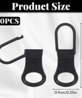 10 Pack Metal Zipper Pull Replacement Tabs for jackets, jeans, backpacks, showing black zinc alloy detachable head and size
