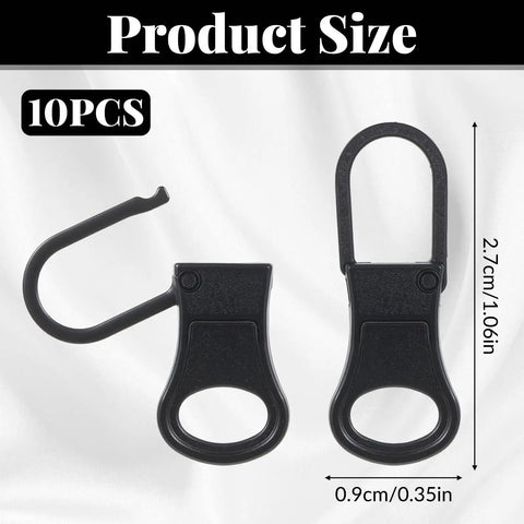 10 Pack Metal Zipper Pull Replacement Tabs for jackets, jeans, backpacks, showing black zinc alloy detachable head and size