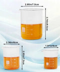Three glass measuring beakers with liquid, marked 50 mL, 100 mL, 250 mL, showing printed graduations and dimensions for easy readouts.