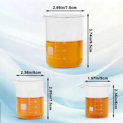 Three glass measuring beakers with liquid, marked 50 mL, 100 mL, 250 mL, showing printed graduations and dimensions for easy readouts.