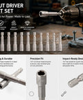 10 Piece Magnetic Nut Driver Set With 1/4 Inch Hex Shank Quick Change Adapter Compatible With Electric Drills, showing various sizes and details on a wooden workbench.