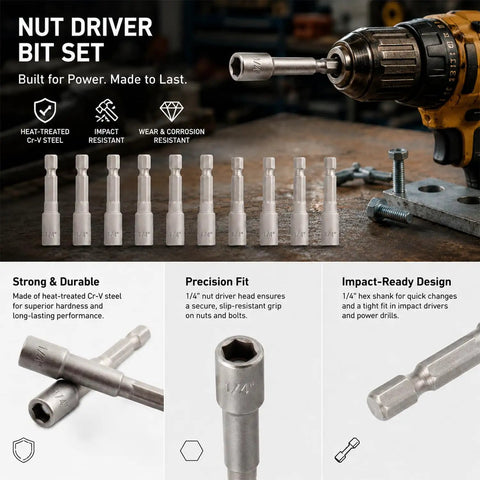 10 Piece Magnetic Nut Driver Set With 1/4 Inch Hex Shank Quick Change Adapter Compatible With Electric Drills, showing various sizes and details on a wooden workbench.