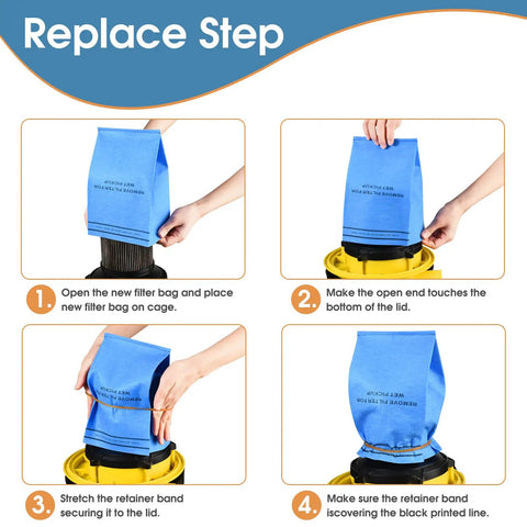 Six Pack Wet Dry Filter Bags For Stinger 2.5-5 Gallon Shop Vac With Three Retaining Bands installation steps