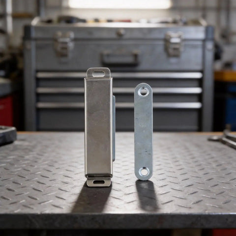 Side view of magnetic door catch for cabinets and drawers, ultra thin stainless steel closet latch, 95mm, strong magnetic hold