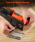 Badass 20V Brushless Cordless Jigsaw, Knockout 3500 SPM Variable Speed with tool-free blade change setup and six blades.