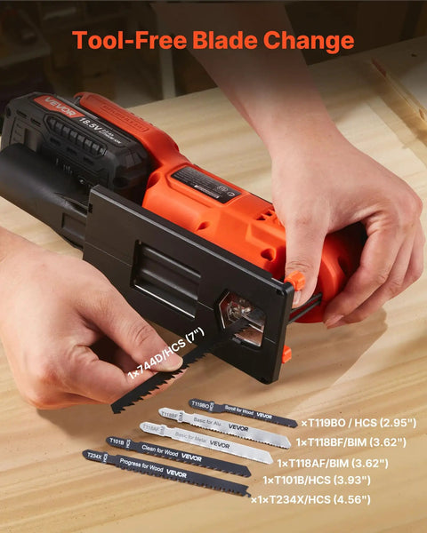 Badass 20V Brushless Cordless Jigsaw, Knockout 3500 SPM Variable Speed with tool-free blade change setup and six blades.