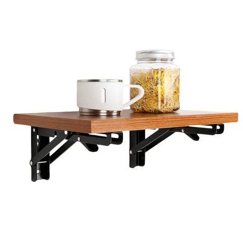 Heavy Duty Folding Shelf Brackets 16 Inch Collapsible Wall Mount with wooden shelf, cup, and jar for space-saving setup.