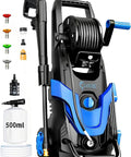 Beast 4800 PSI Pressure Washer With 4 Quick Connect Nozzles Inlet Hose And Filter 500ml Soap Tank Power Through Cars Fences Driveways Patios And Home Cleaning Blue, showcasing nozzles and soap tank