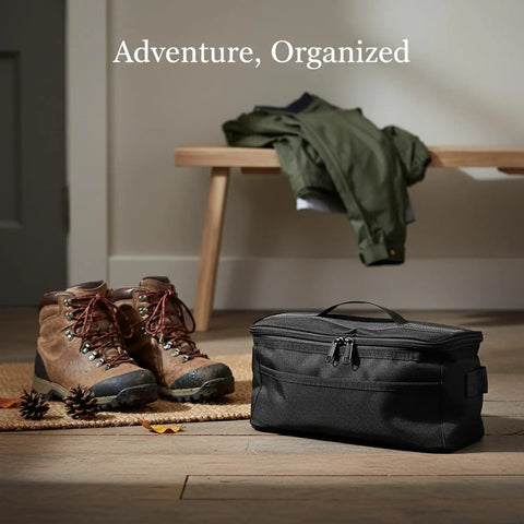 42L Water Resistant Camping Gear Storage Bag For Cookware And Outdoor Supplies next to hiking boots and jacket on a bench