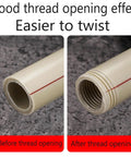 Before and after images of PVC pipe showing good thread opening effect for Heavy Duty Pipe Tapping And Threading Tool For PVC Pipes.