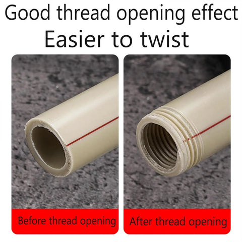 Before and after images of PVC pipe showing good thread opening effect for Heavy Duty Pipe Tapping And Threading Tool For PVC Pipes.