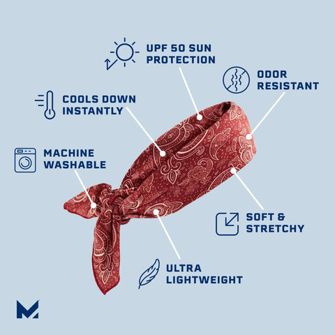 Red Paisley Cooling Bandana Water Activated Chill For Instant Cool Up To Two Hours Lightweight And Breathable UPF 50 Sun Protection Machine Washable
