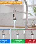 Brushed Nickel Pull Down Kitchen Faucet With Two Function Sprayer, Stream And Spray, Pause Feature, 360 Degree Swivel, High Arc Spout showing temperature induction lights