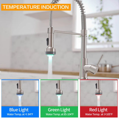 Brushed Nickel Pull Down Kitchen Faucet With Two Function Sprayer, Stream And Spray, Pause Feature, 360 Degree Swivel, High Arc Spout showing temperature induction lights