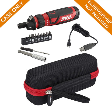 Tough As Nails Protective Travel Case For Twist 2.0 Rechargeable 4V Cordless Screwdriver Tool Organizer Bag With Zippered Mesh Storage Pocket And Comfort Grip Handle, black and red fabric design.
