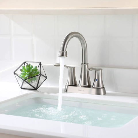Swivel Spout Two Handle Brushed Nickel Bathroom Sink Faucet With Metal Pop Up Drain and Supply Lines, flowing water view