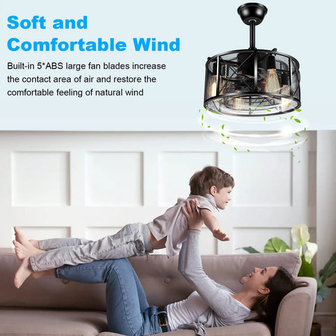 18 Inch Caged Ceiling Fan With Light And Remote Dope Industrial Farmhouse Style Modern Flush Mount For Living Room Bedroom Kitchen Black E26 Enclosed Design