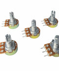 Five-piece 10K Ohm Potentiometer Kit for Arduino ESP32 ESP8266 Raspberry Pi, showing metal shafts and connectors, ideal for 5V/3.3V.