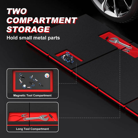 Thick Foldable Mechanic Mat With Magnetic Tool Pockets All In One Waterproof Kneeling Pad showing compartments for tools.
