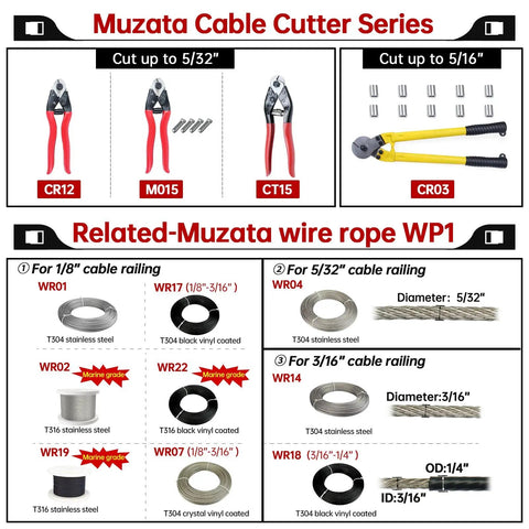 Muzata Cable Cutter Series with CR03 Heavy Duty 18 Inch Hardened Cable Cutter With Chromium Vanadium Steel Blades, Precision Heat Treated, Cuts Up To 5/16 Inch Stainless Steel Wire Rope, Smooth Cutting Action, Includes 10 Ferrules CR03 for Quick, Clean Joints model.