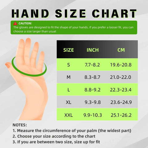 Hand size chart for selecting work gloves, sizes S to XXL, with measurements in inches and centimeters for All Purpose A5 Cut Resistant Work Gloves For Men And Women With Rugged Grip And Impact Protection, Heavy Duty Build, Touch Screen Ready, ANSI ISEA Level 2 Protection, Medium Size, Built For Tough Industrial Jobs.